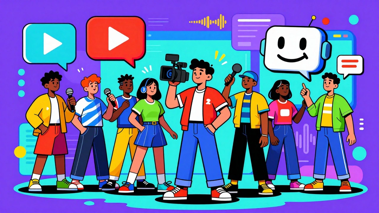 Cartoon of modern content creators and an algorithm robot in a digital landscape.
