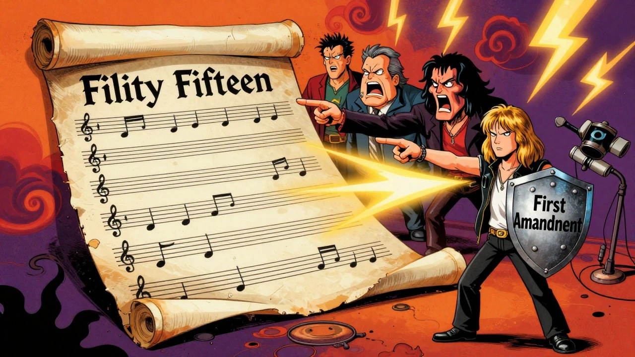 Cartoon of PMRC's Filthy Fifteen list targeting metal bands