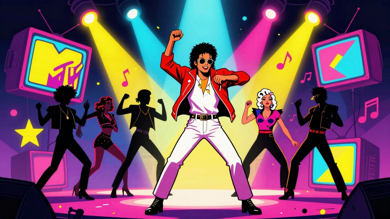 Cartoon pop stars dancing under neon lights with TV screens in background