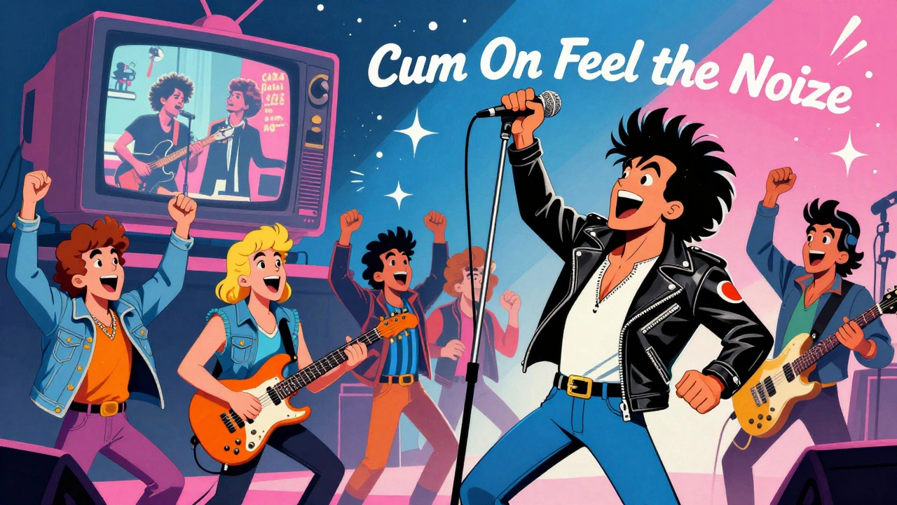 Cartoon rock band performing energetic concert with MTV TV screen backdrop