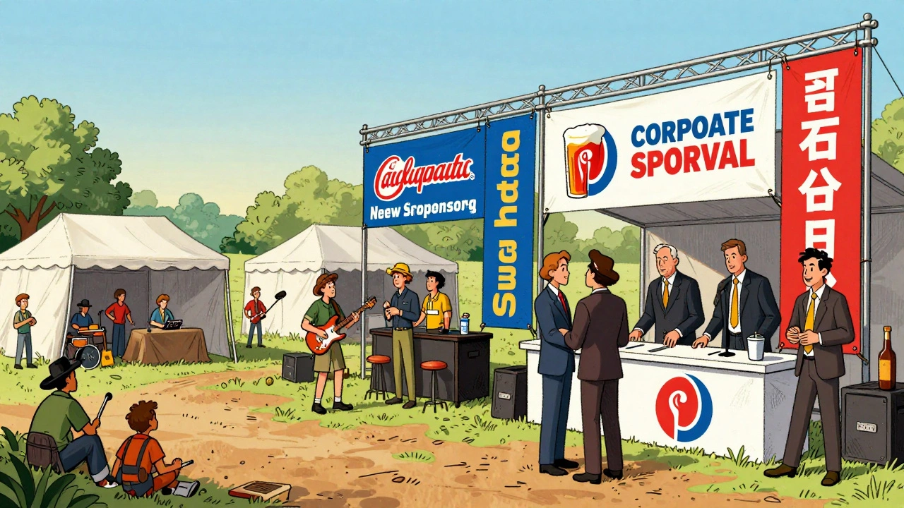 Cartoon showing festivals shifting from grassroots to corporate-sponsored events