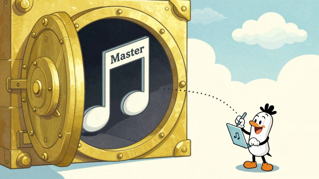 Cartoon showing lightweight proxy files being edited while master stays safe in vault.