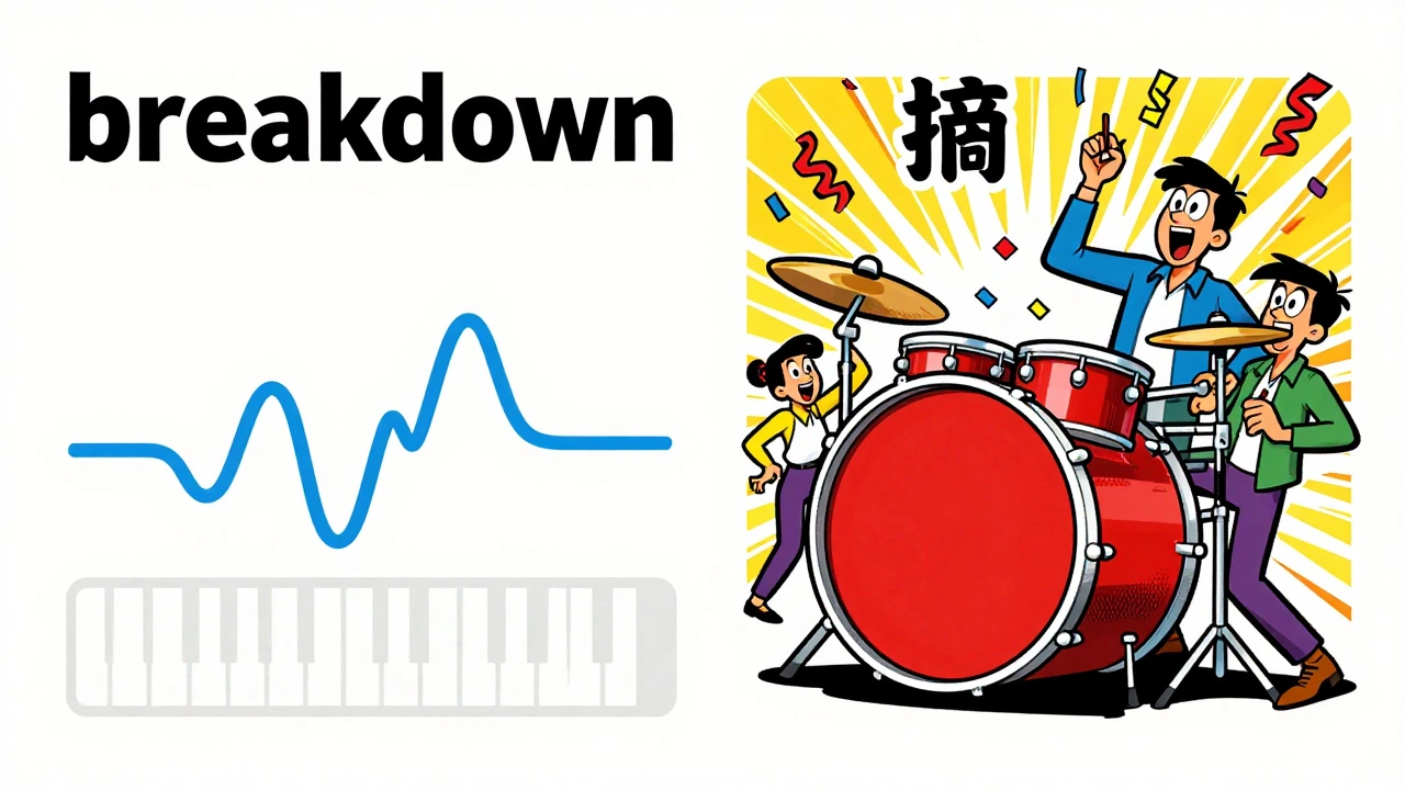 Cartoon showing the tension and release of a disco music breakdown and drop.
