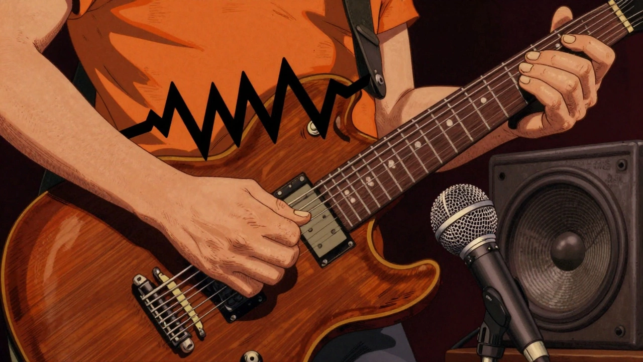 Close-up of guitar strings being palm-muted with microphones nearby, drawn in retro cartoon art.
