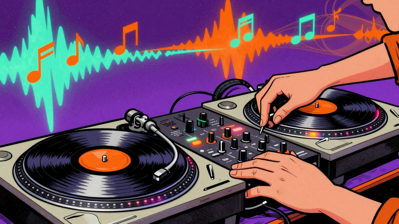 Close-up of vintage DJ turntables and mixer with hands adjusting knobs