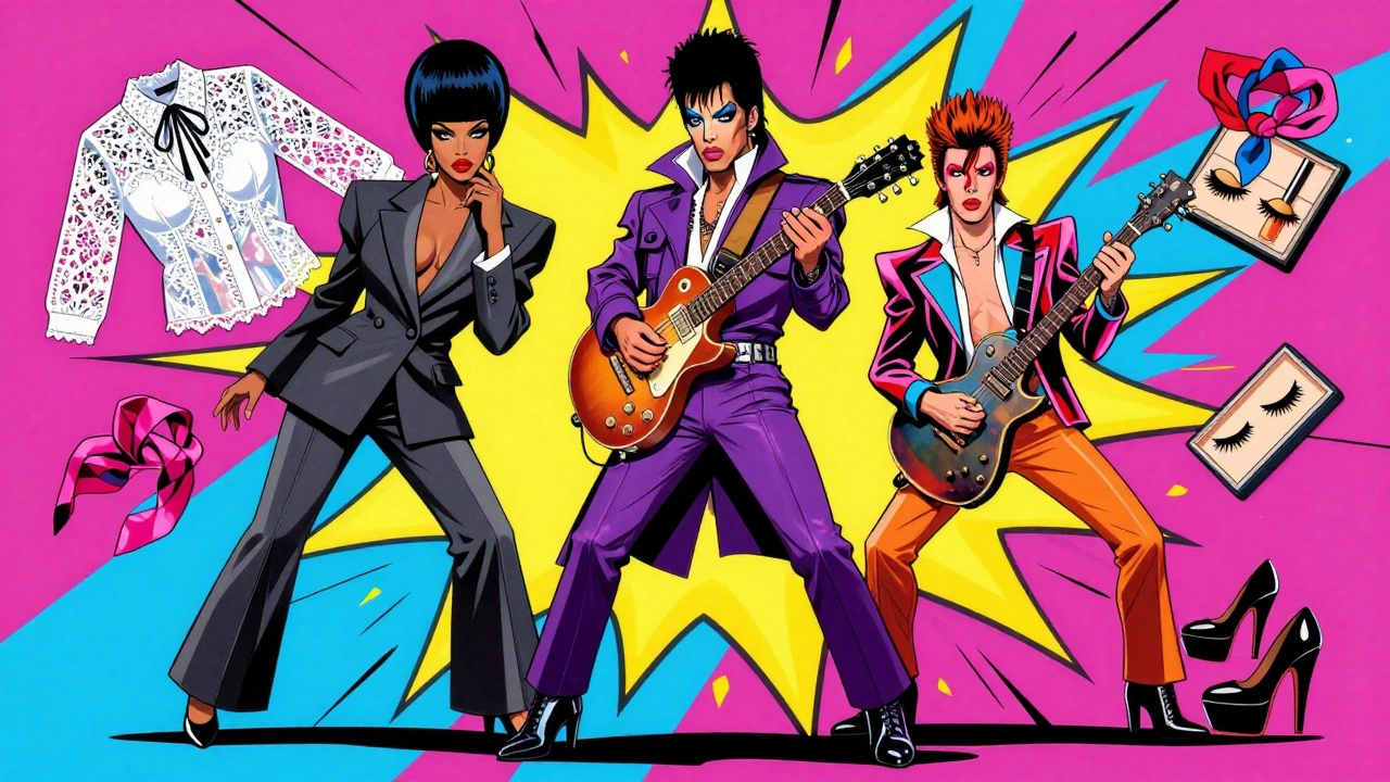 Collage of Prince, Grace Jones, Annie Lennox, and Bowie in 80s style.
