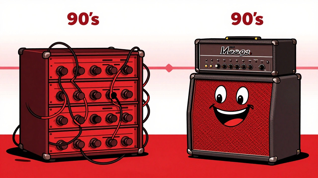 Comparison of a complex rack system versus a standalone amp head in vintage cartoon illustration.