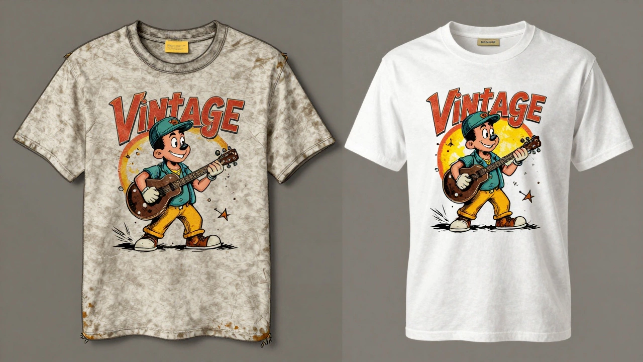 Comparison of cracked vintage band tee vs smooth modern reprint