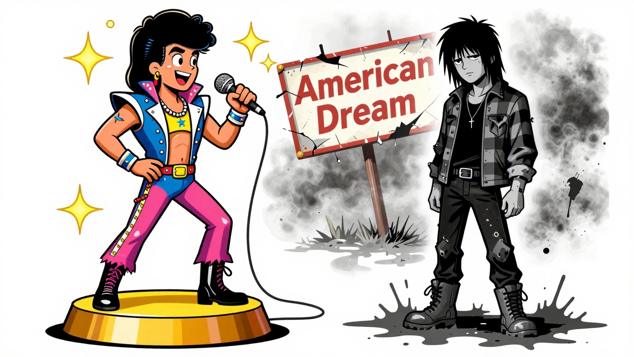Contrast between 80s glam metal excess and 90s grunge grit