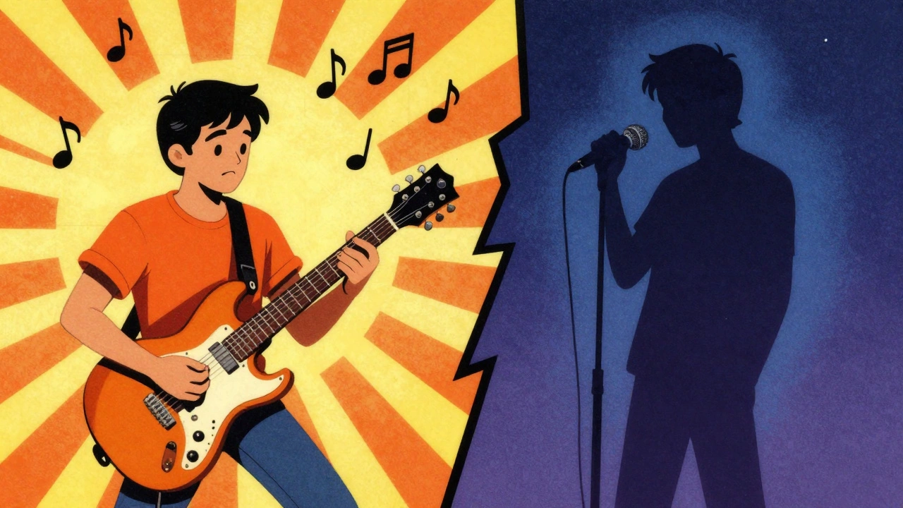 Contrast between bright guitar music and sad lyrics