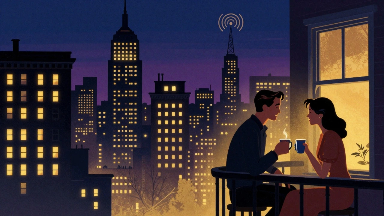 Couple enjoying quiet storm music on a city balcony