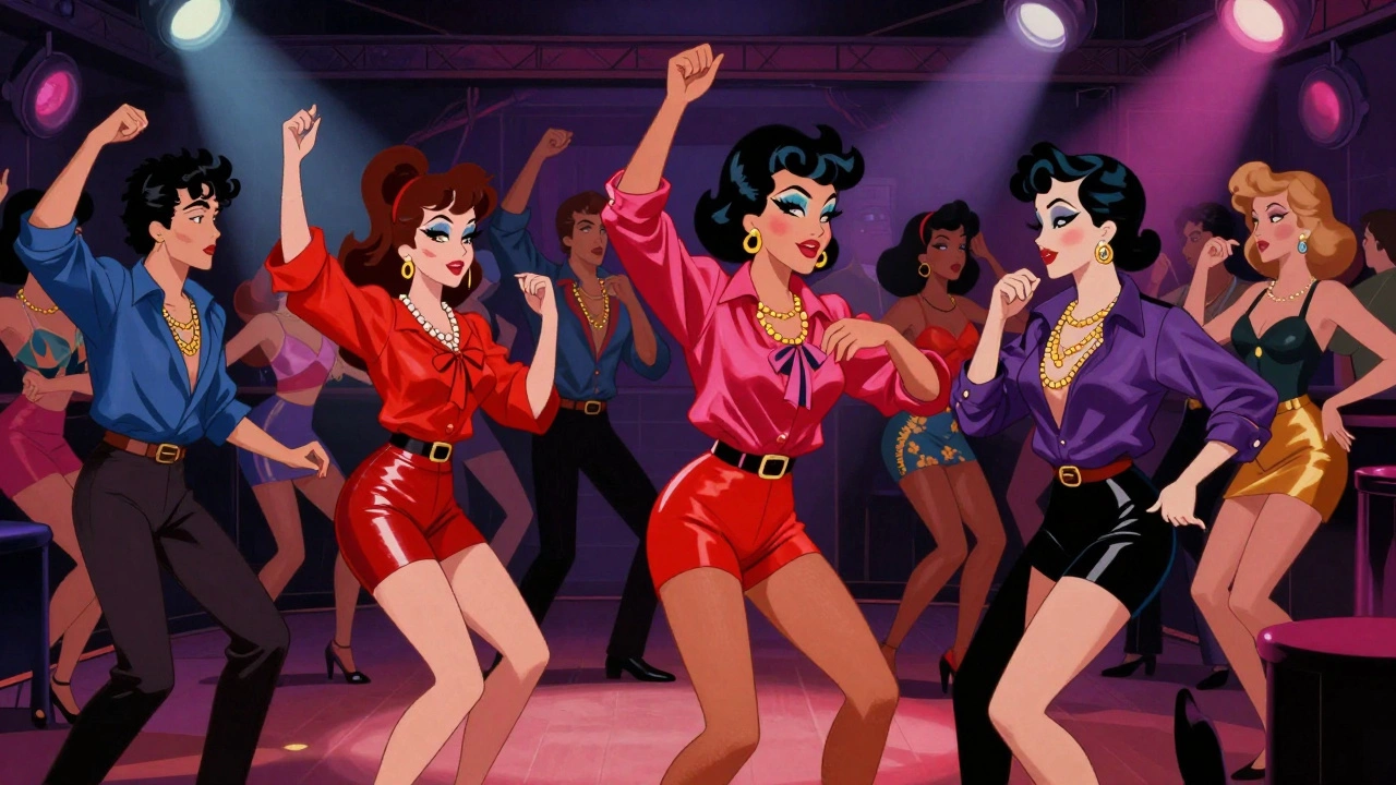 Crowded 80s nightclub dance floor with flamboyant fashion in retro illustration