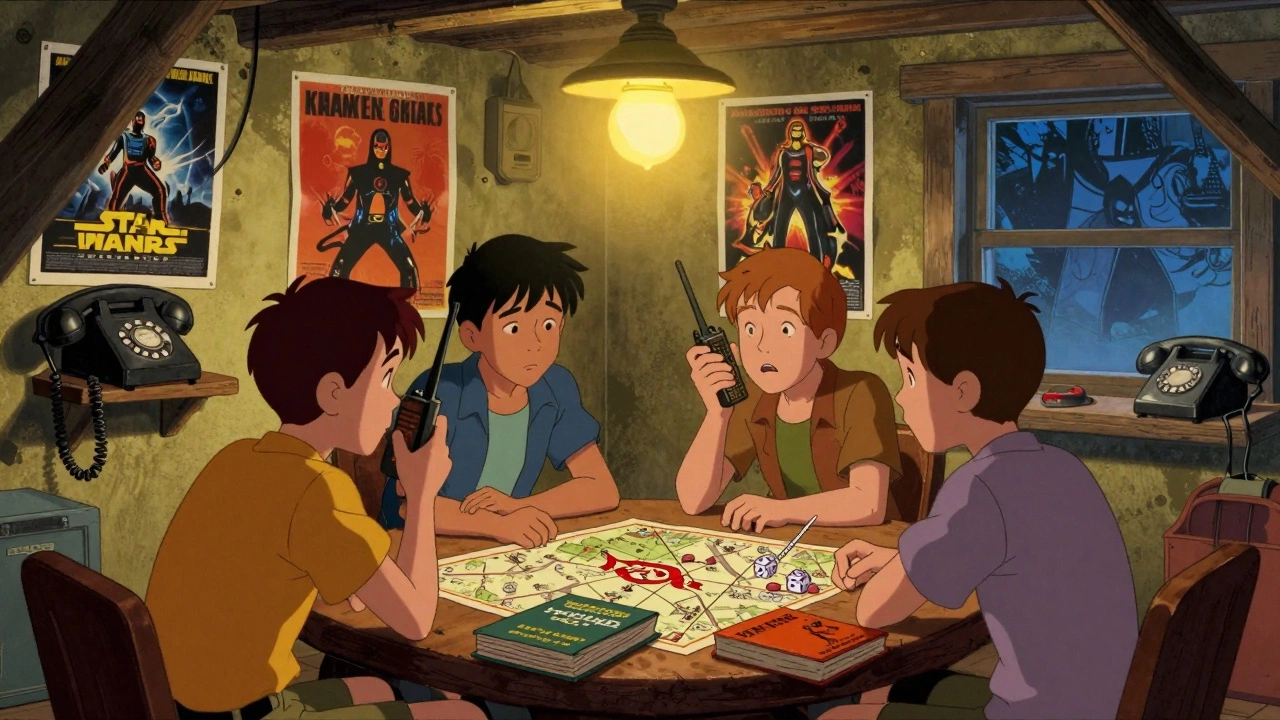Friends playing D&amp;D in a basement with vintage tech in retro illustration