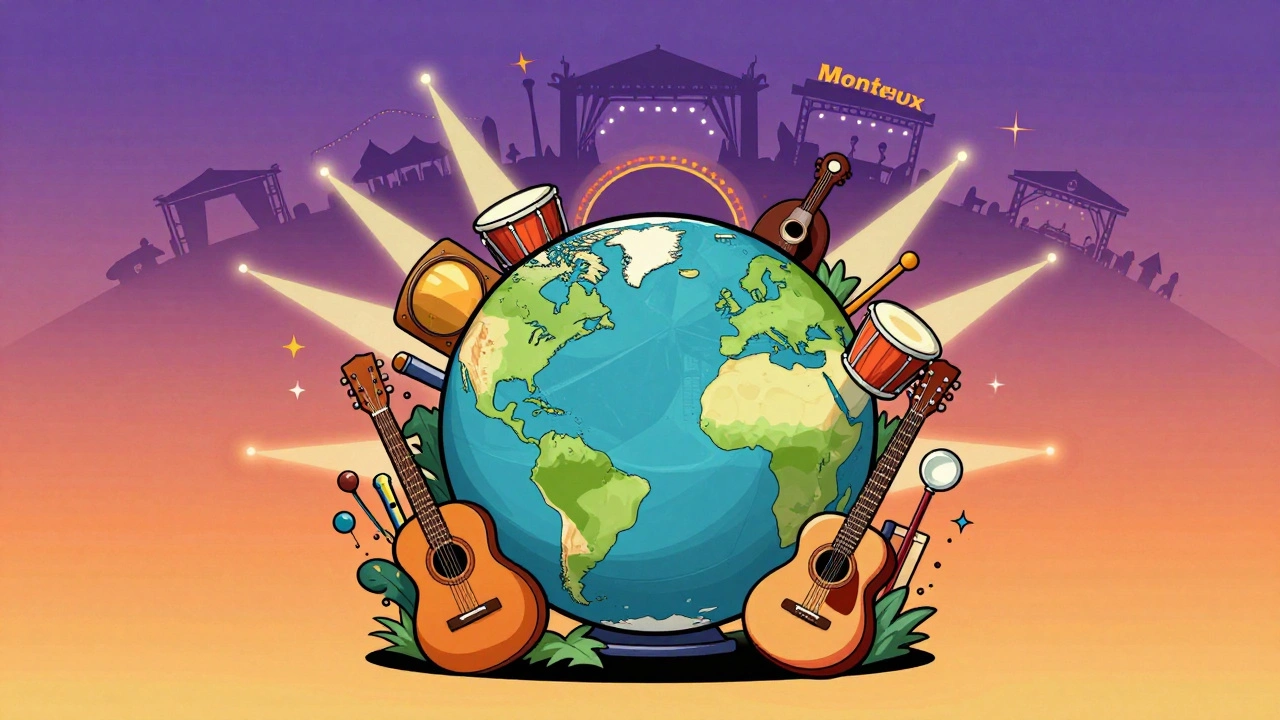 Globe surrounded by instruments and festival stages symbolizing unity