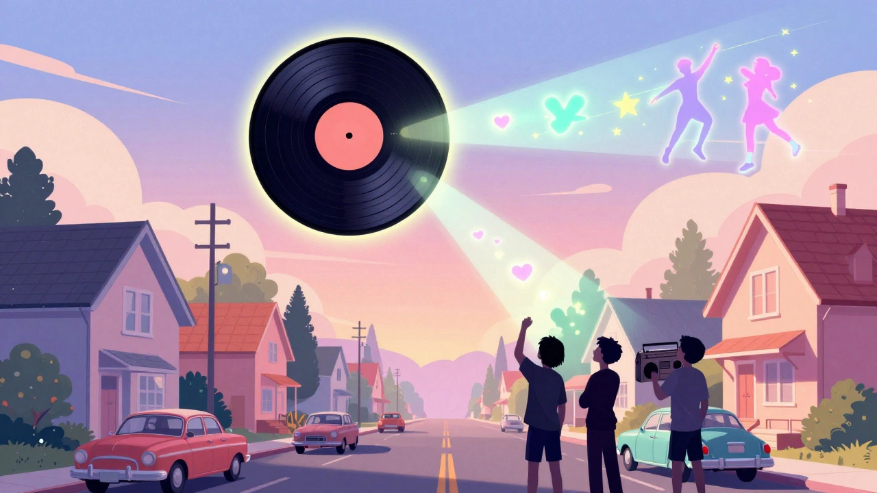 Glowing vinyl record over suburban street with teens and memory beams