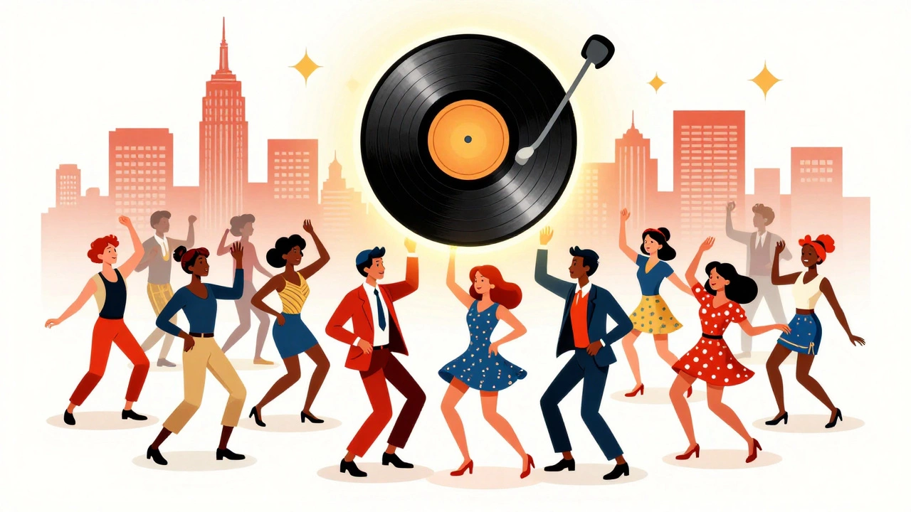 Glowing vinyl record uniting dancers in a retro cartoon style