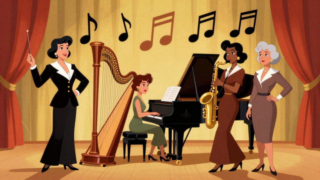 Group of five female jazz leaders from the 1970s standing confidently on stage.