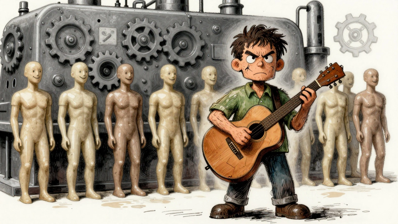 Grunge musician resisting corporate manufacturing machines
