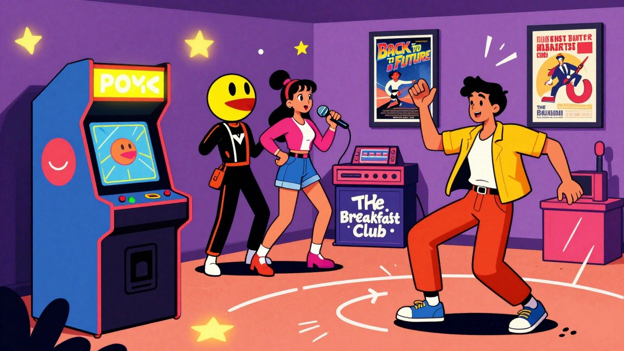 Guests playing arcade games and dancing at an 80s party