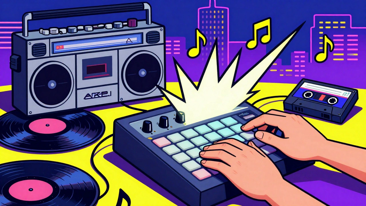 Hands on vintage MPC sampler with vinyl records