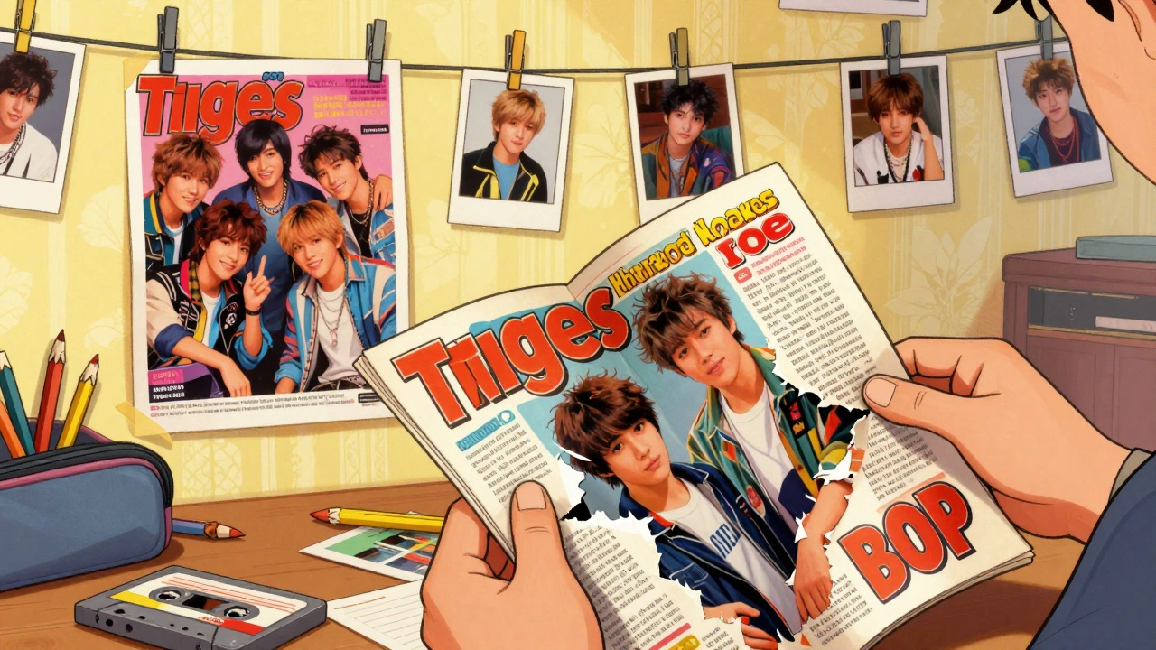 Hands tearing out pop star posters from a vintage teen magazine