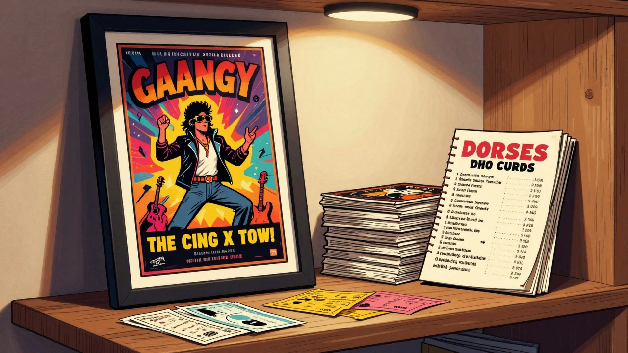 Illustrated display of framed glam rock posters and memorabilia