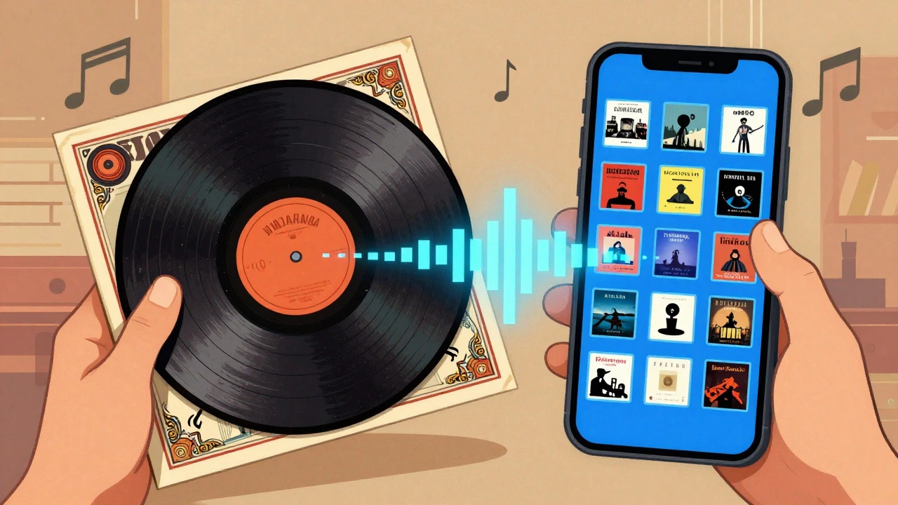 Illustration comparing large vinyl cover to small phone thumbnails