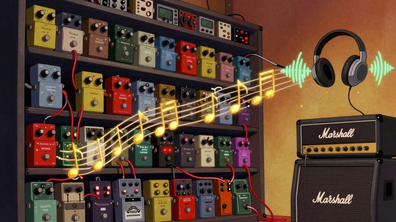 Illustration of 80s guitar effects racks and studio production tech