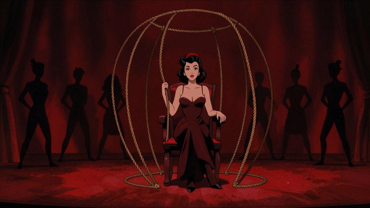 Illustration of a theatrical stage performance with ropes and dramatic lighting.