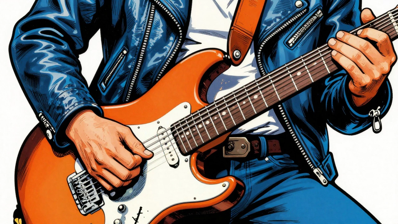 Illustration of guitarist palm-muting power chords aggressively
