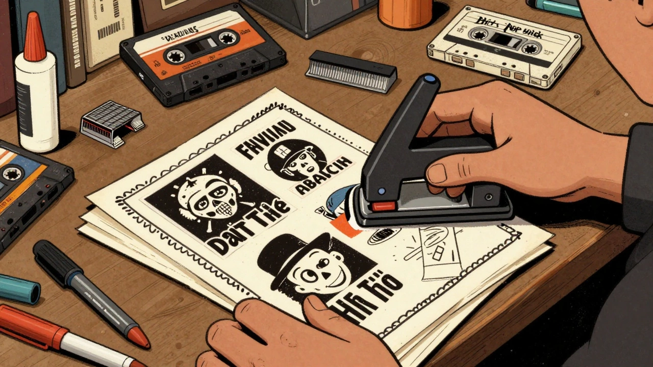 Illustration of hands stapling DIY hip-hop zines with cassettes nearby