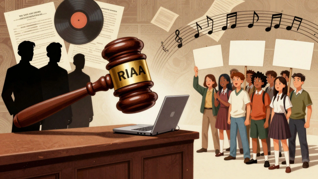 Illustration of RIAA lawsuit against Napster and students
