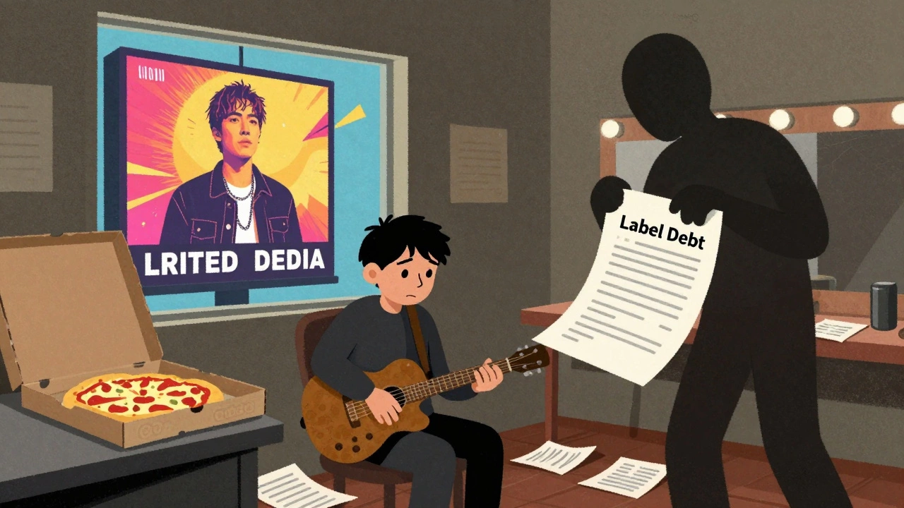 Illustration of sad musician facing debt shadow while billboard shows stardom