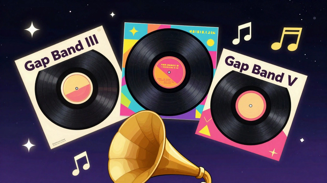 Illustration of vintage Gap Band vinyl records floating in space