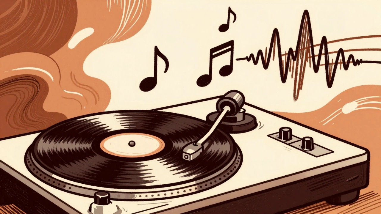 Illustration of vinyl records and drum machines with musical notes