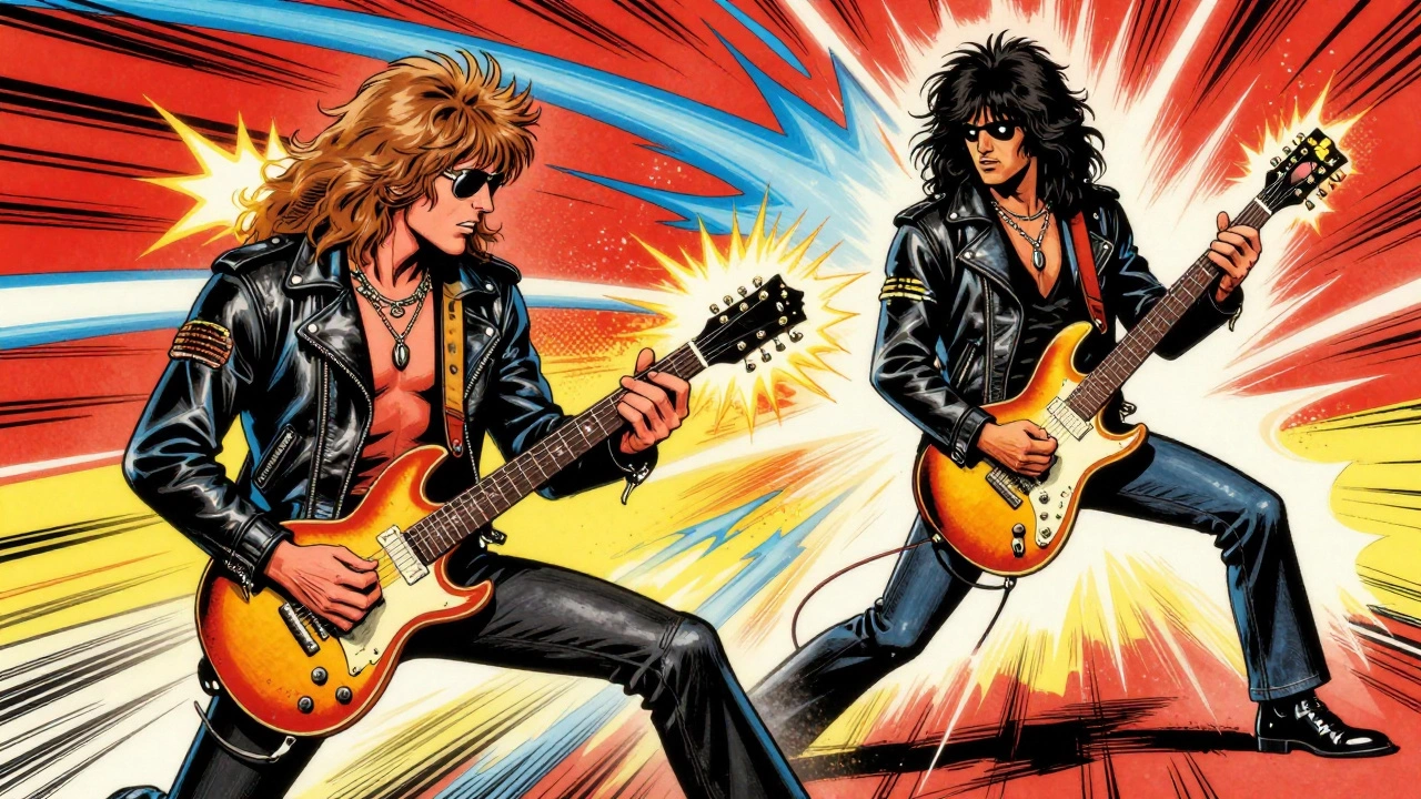 Judas Priest and Eddie Van Halen showcasing speed and tapping techniques in vintage cartoon.