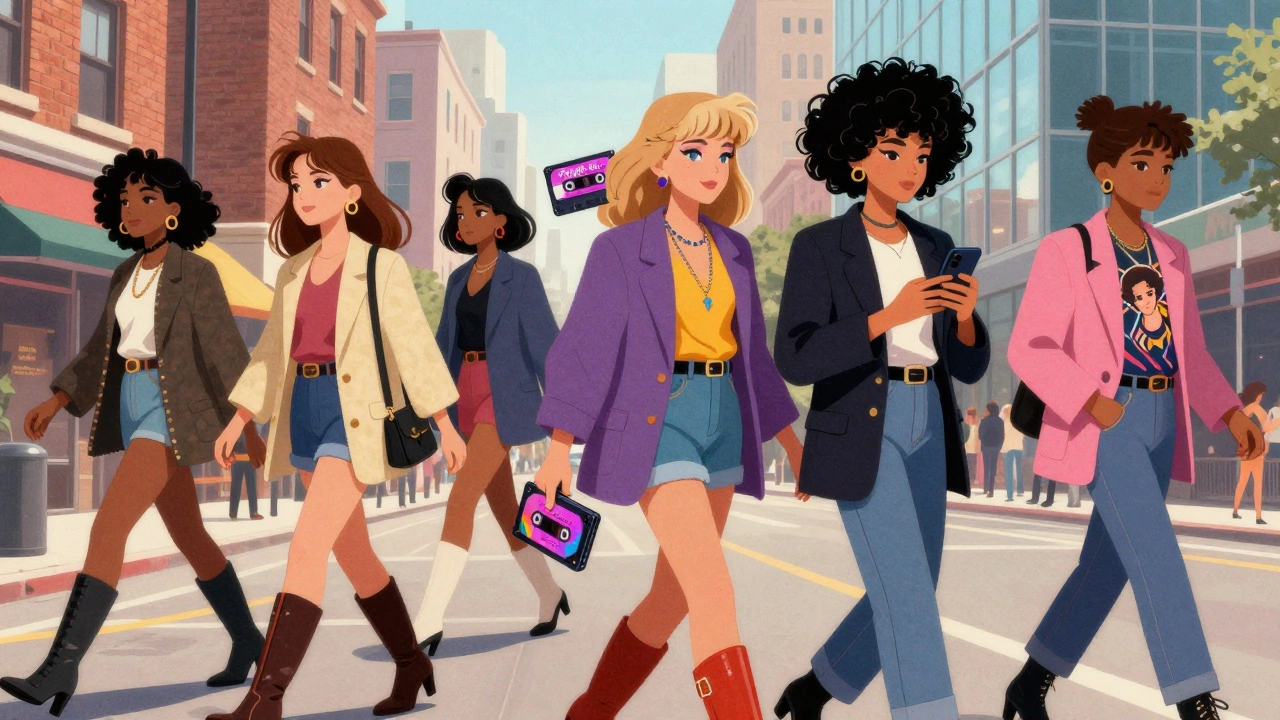 Modern crowd wearing 80s-inspired gender-fluid fashion on a city street.