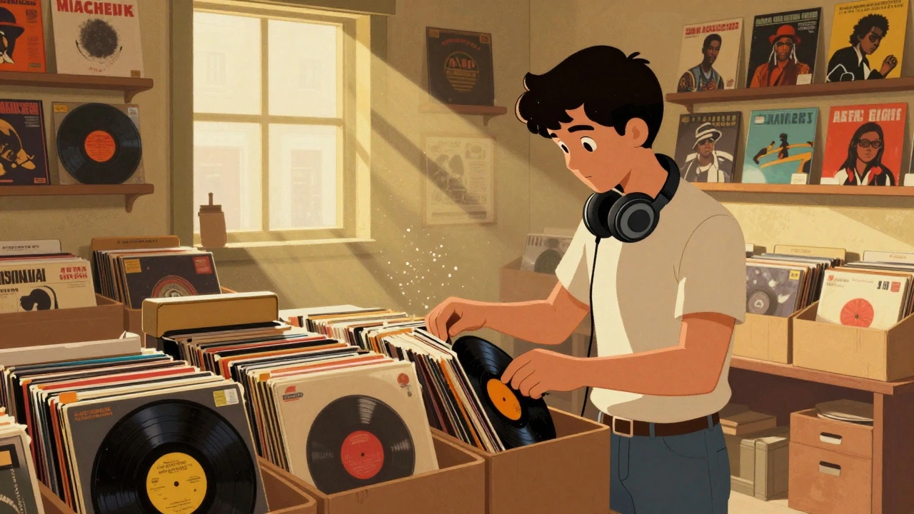 Musician digging through crates of vinyl records in a store
