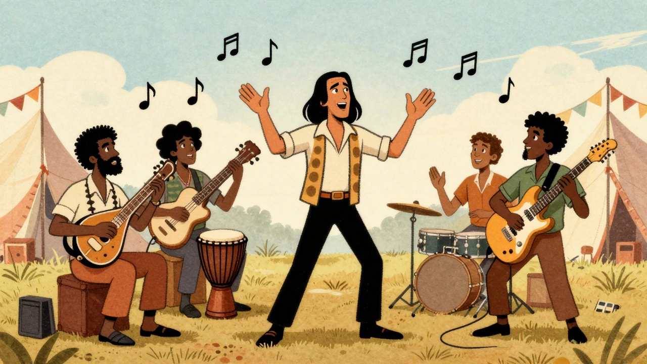 Musicians from different cultures jamming together at WOMAD