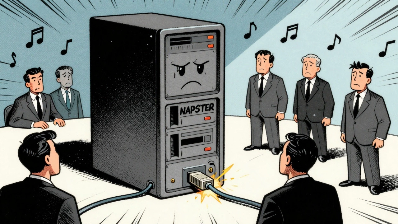 Napster server being shut down by lawyers in a retro illustration.