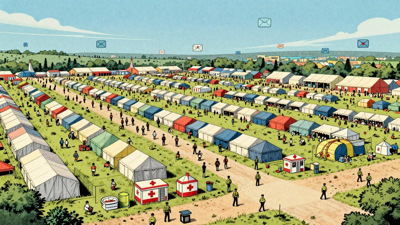 Organized festival grounds with safety measures and early tech hints in cartoon style