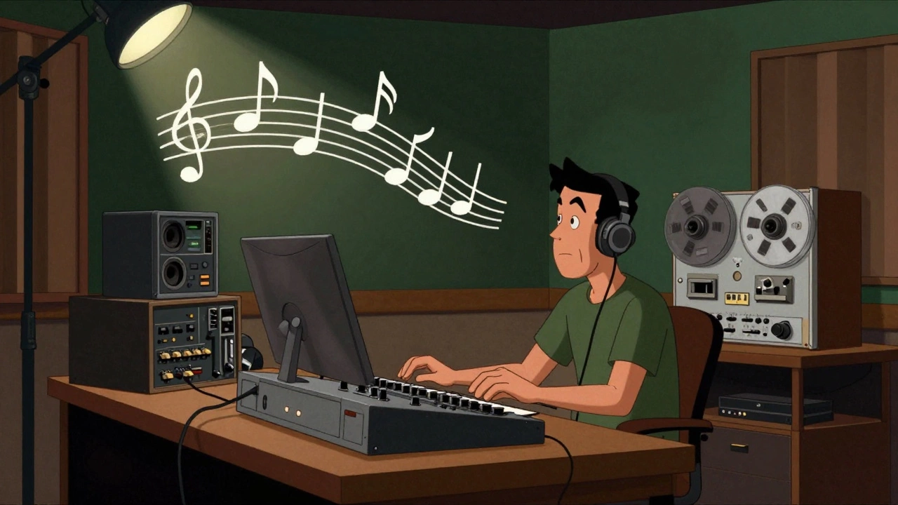 Producer creating digital riddims in a 90s studio