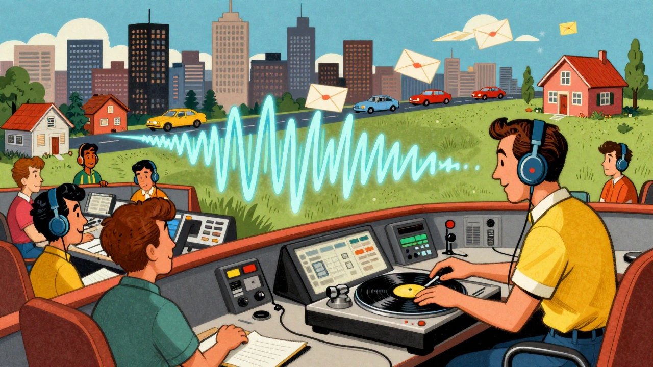 Radio DJ playing record with royalty checks flying along sound waves to a songwriter
