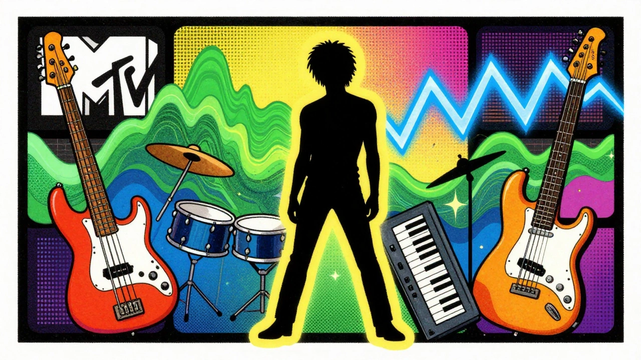 Retro cartoon blending music instruments and colorful abstract art