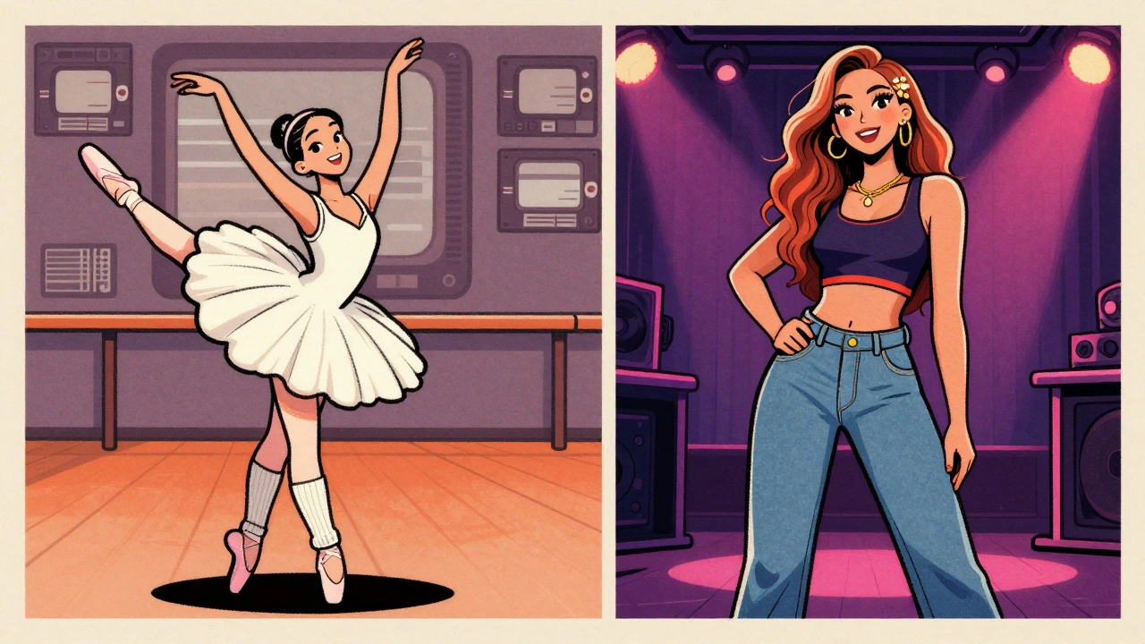 Retro cartoon comparing ballet leg warmers to 80s pop star fashion.