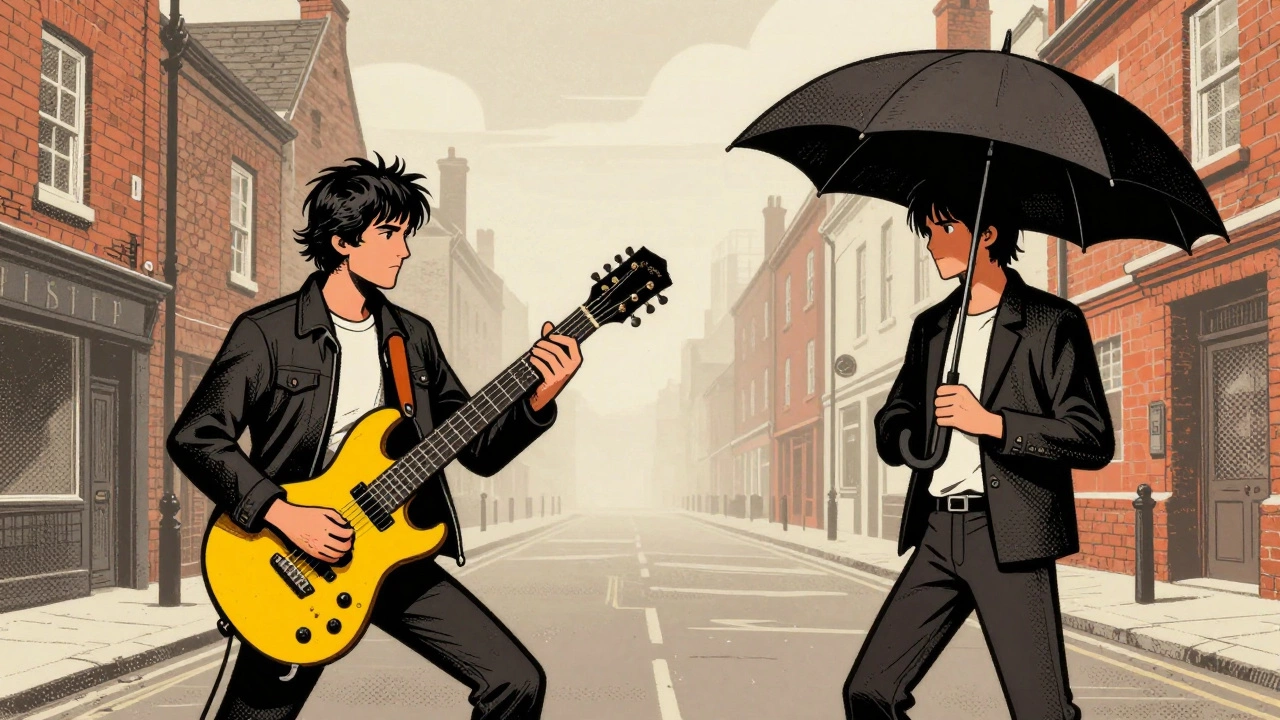 Retro cartoon illustrating the musical rivalry between Oasis and Blur