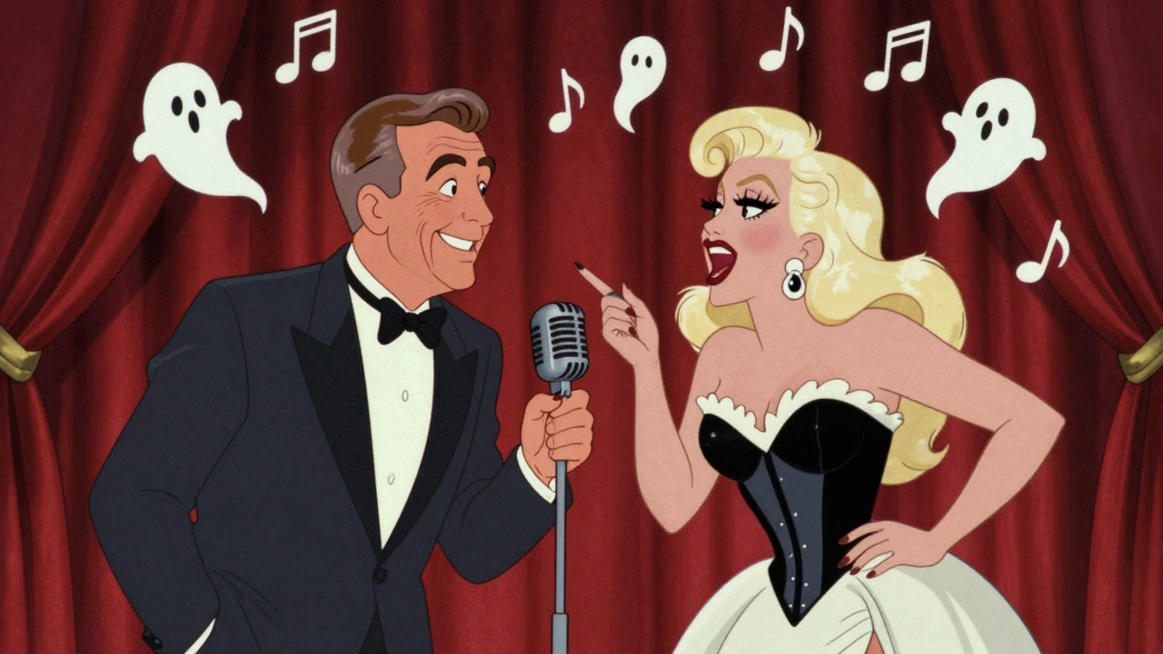 Retro cartoon illustration of Tony Bennett and Lady Gaga sharing a moment backstage.