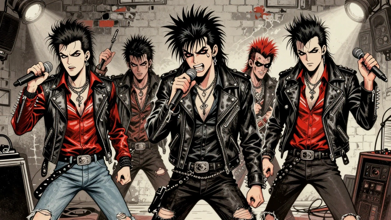 Retro cartoon of a punk-glam hybrid band with ripped clothes and safety pins performing.