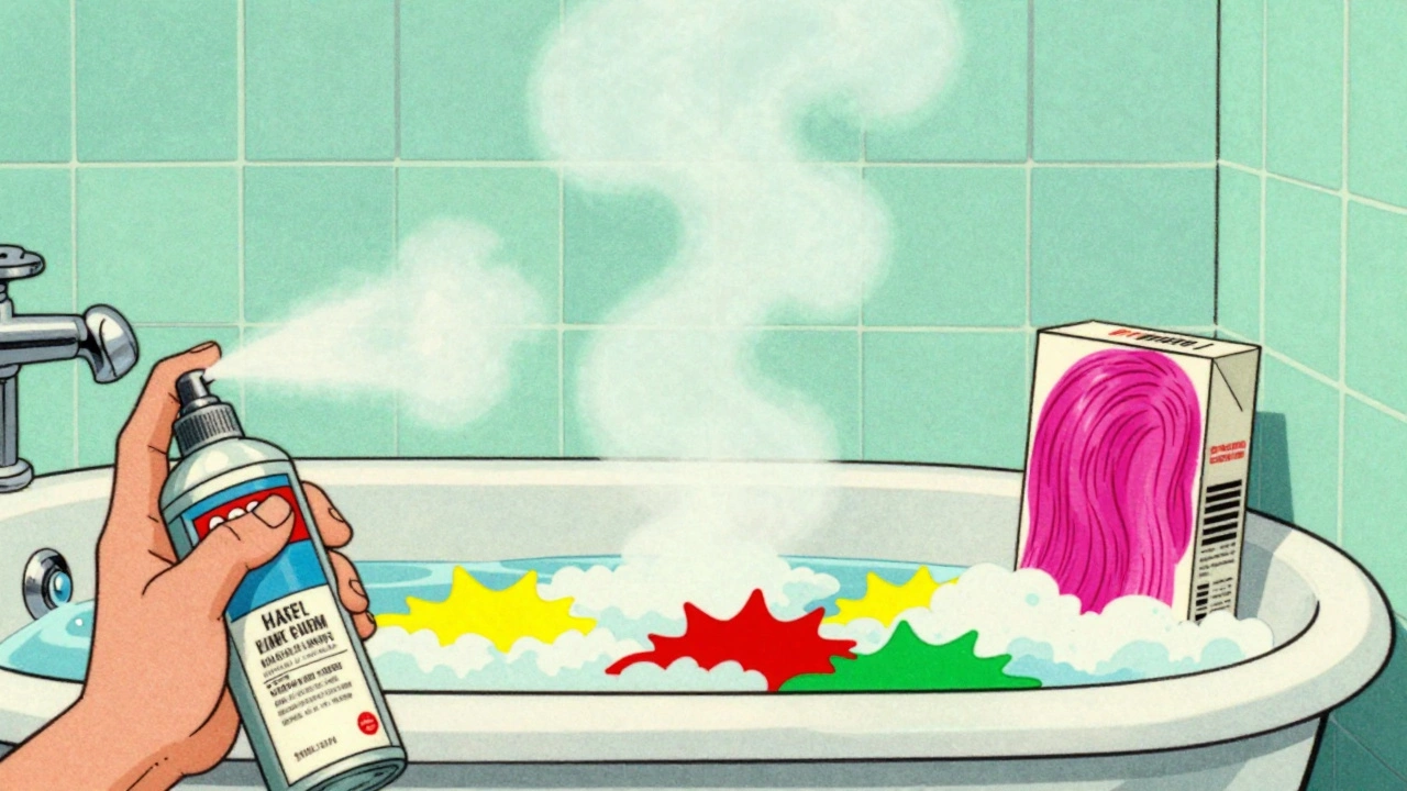 Retro cartoon of DIY hair dyeing with colorful bathwater