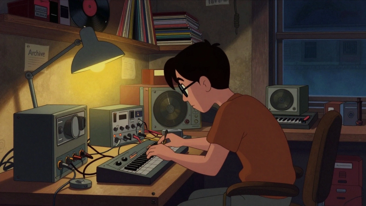 Retro cartoon of Moby working alone in his cluttered home studio